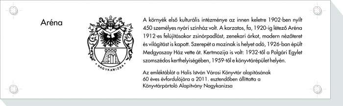 Aréna - tábla a könyvtár falára.jpg Aréna - tábla a könyvtár falára.jpg